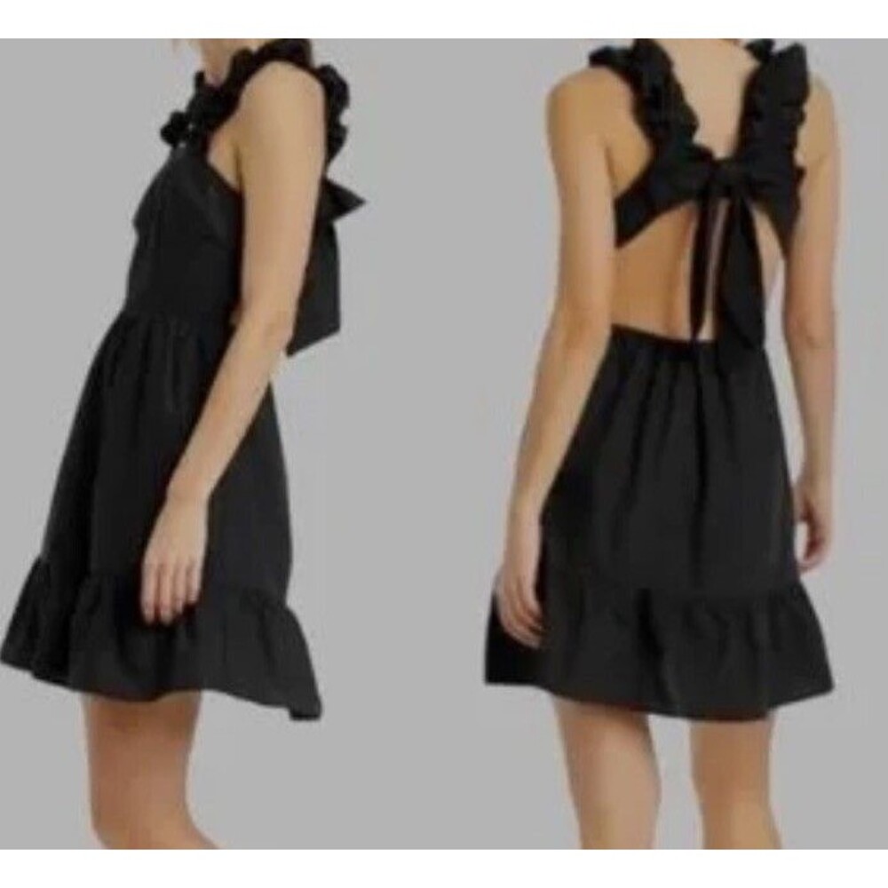 NWT Who What Wear Women's Dress Black Cut Out Bow Back Strap Mini Ruffle Hem XS